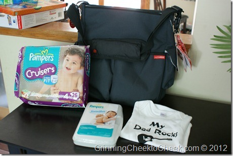 Diaper Bag, Pampers, and Shirt